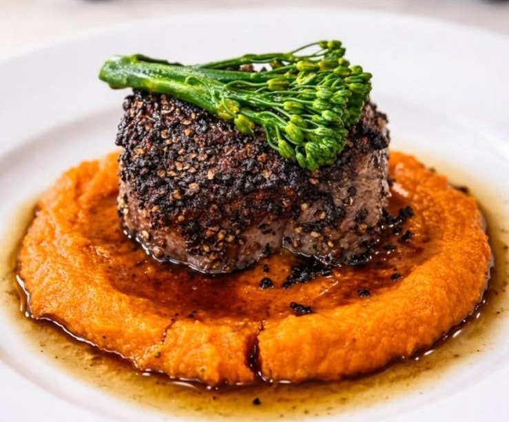 Filete de carne mignon con corteza de café y puré de zanahoria